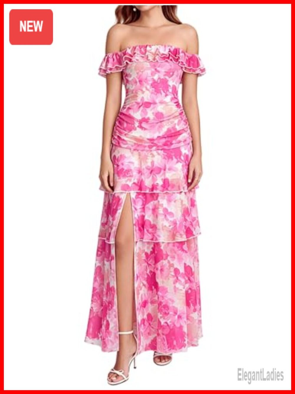 Off Shoulder Floral Maxi Dress Ruffle Tiered High Slit Ruched